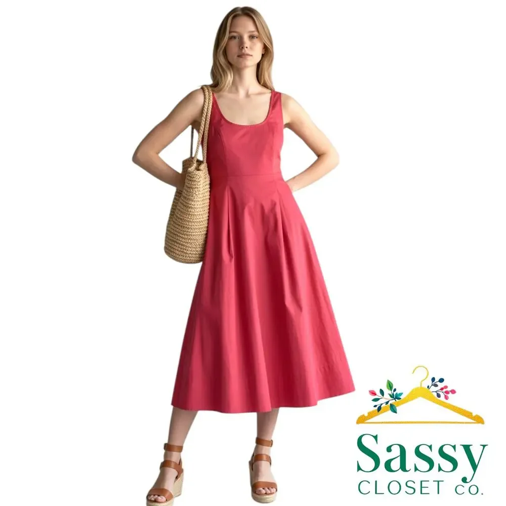 TALBOTS Pink Cotton Fit Flare Midi Dress 12 Sleeveless Pockets A-Line EUC